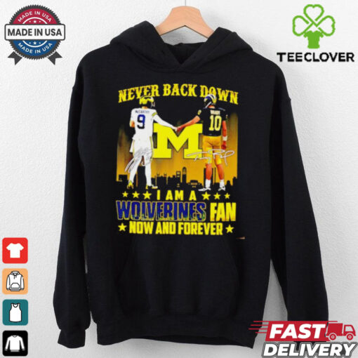 Michigan Wolverines J.J. McCarthy and Alex Orji never back down I am a Wolverines fan shirt
