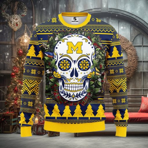Michigan Wolverines Skull Flower Ugly Christmas Ugly Sweater