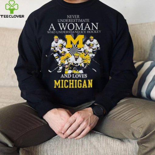 Michigan wolverines never underestimate a woman who understands ice hockey and loves michigan wolverines 2023 hoodie, sweater, longsleeve, shirt v-neck, t-shirt