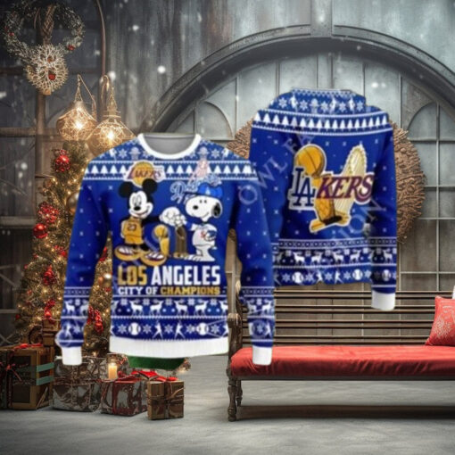 Mickey And Snoopy LA City of Champions Ugly Sweater