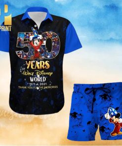 Mickey Fantasia 50th Anniversary Glitter Disney Castle Full Printing Combo Hawaiian Shirt And Beach Shorts – Black Blue