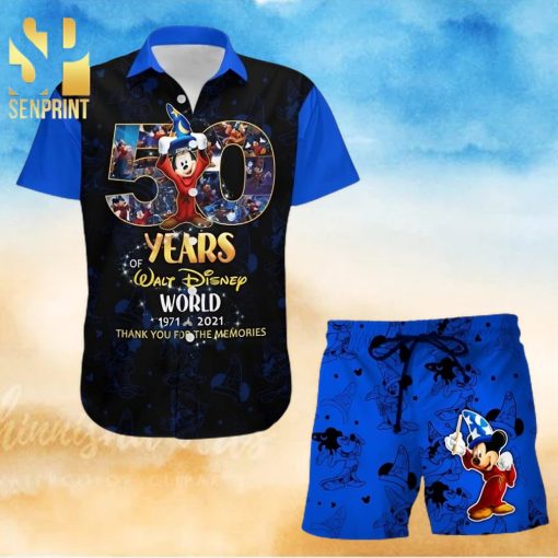 Mickey Fantasia 50th Anniversary Glitter Disney Castle Full Printing Combo Hawaiian Shirt And Beach Shorts – Black Blue