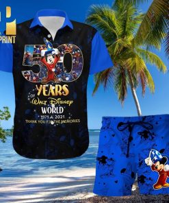 Mickey Fantasia 50th Anniversary Glitter Disney Castle Full Printing Combo Hawaiian Shirt And Beach Shorts – Black Blue