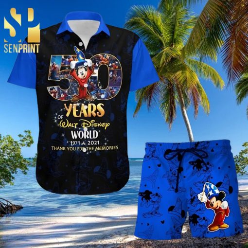 Mickey Fantasia 50th Anniversary Glitter Disney Castle Full Printing Combo Hawaiian Shirt And Beach Shorts – Black Blue