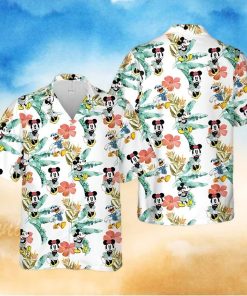 Mickey Minnie And Donald Vacation Disney Cartoon Graphics Tropical Hibiscus Full Printing Hawaiian Shirt – White