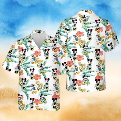 Mickey Minnie And Donald Vacation Disney Cartoon Graphics Tropical Hibiscus Full Printing Hawaiian Shirt – White