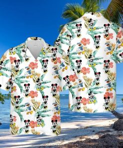 Mickey Minnie And Donald Vacation Disney Cartoon Graphics Tropical Hibiscus Full Printing Hawaiian Shirt – White