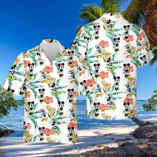 Mickey Minnie And Donald Vacation Disney Cartoon Graphics Tropical Hibiscus Full Printing Hawaiian Shirt – White