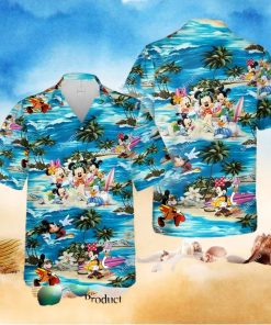 Mickey Minnie Mouse Donald Daisy Duck Surfing S And Catsle Full Printing Hawaiian Shirt – Blue