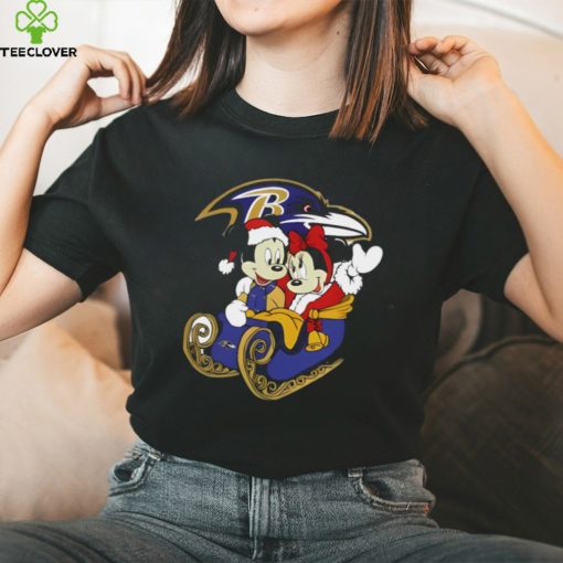 Mickey Minnie Santa Ride Sleigh Christmas Baltimore Ravens 2024 Shirt