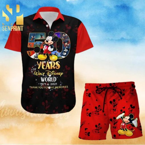 Mickey Mouse 50th Anniversary Glitter Disney Castle Full Printing Combo Hawaiian Shirt And Beach Shorts – Black Red