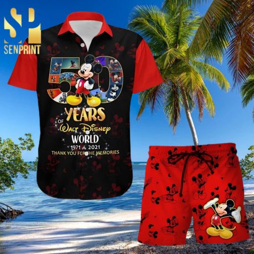 Mickey Mouse 50th Anniversary Glitter Disney Castle Full Printing Combo Hawaiian Shirt And Beach Shorts – Black Red