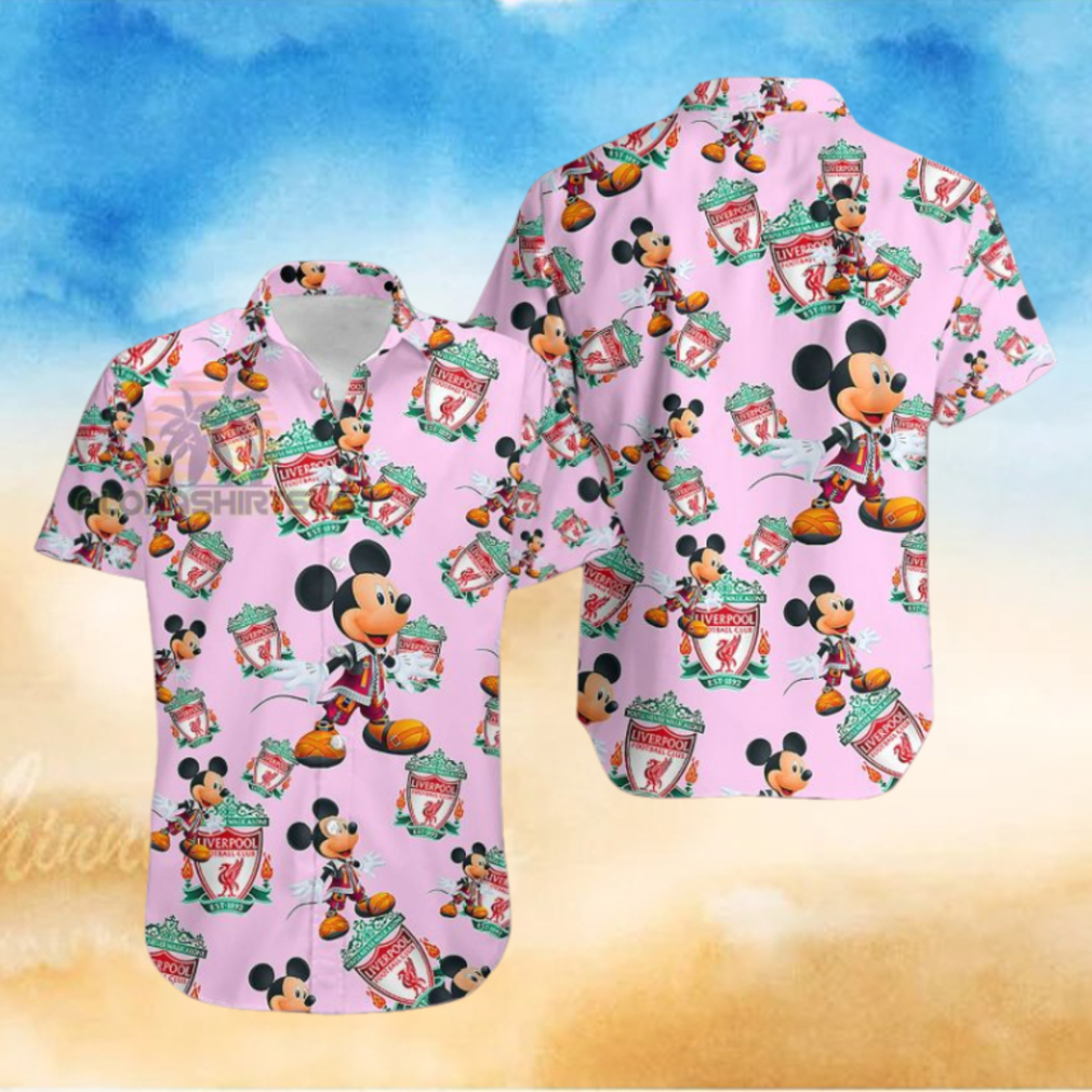 Mickey Mouse Character Liverpool Fc Pink Tropical Print Hawaiian Shirt