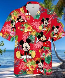 Mickey Mouse Disney Pineapple Hibiscus Full Printing Hawaiian Shirt – Red