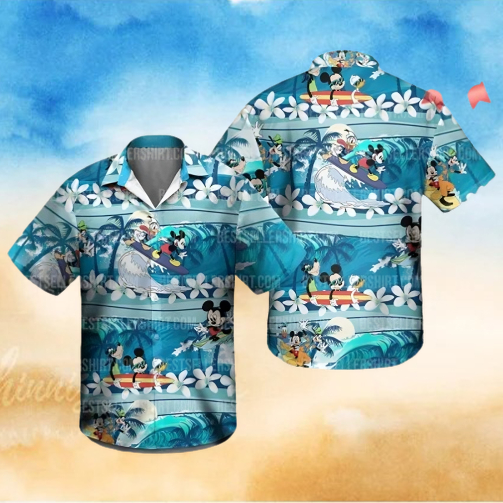 Mickey Mouse Disney Surfing Donald Duck White Frangipani Floral Disney Hawaiian Shirt