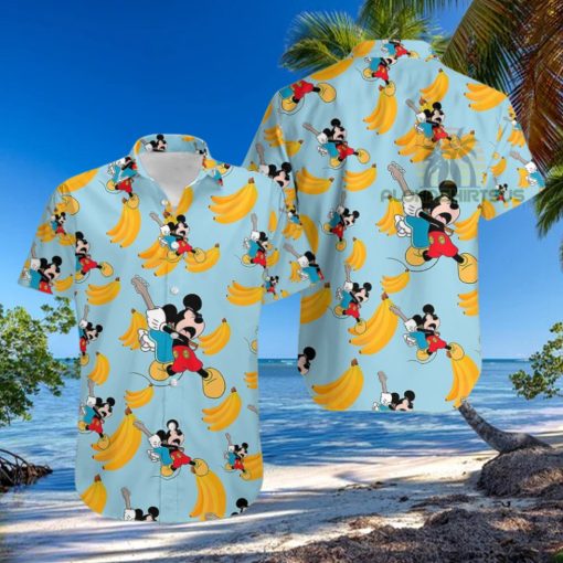 Mickey Mouse Electric Guitar Banana Light Blue Unisex Hawaiian Shirts