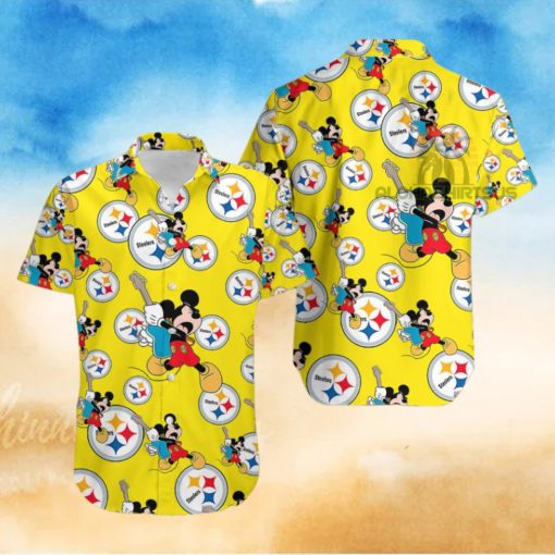 Mickey Mouse Electric Guitar Pittsburgh Steelers Yellow One Piece Hawaiian Shirt