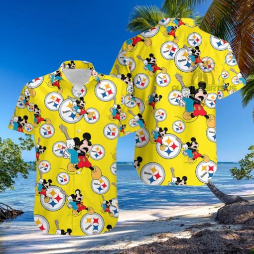 Mickey Mouse Electric Guitar Pittsburgh Steelers Yellow One Piece Hawaiian Shirt