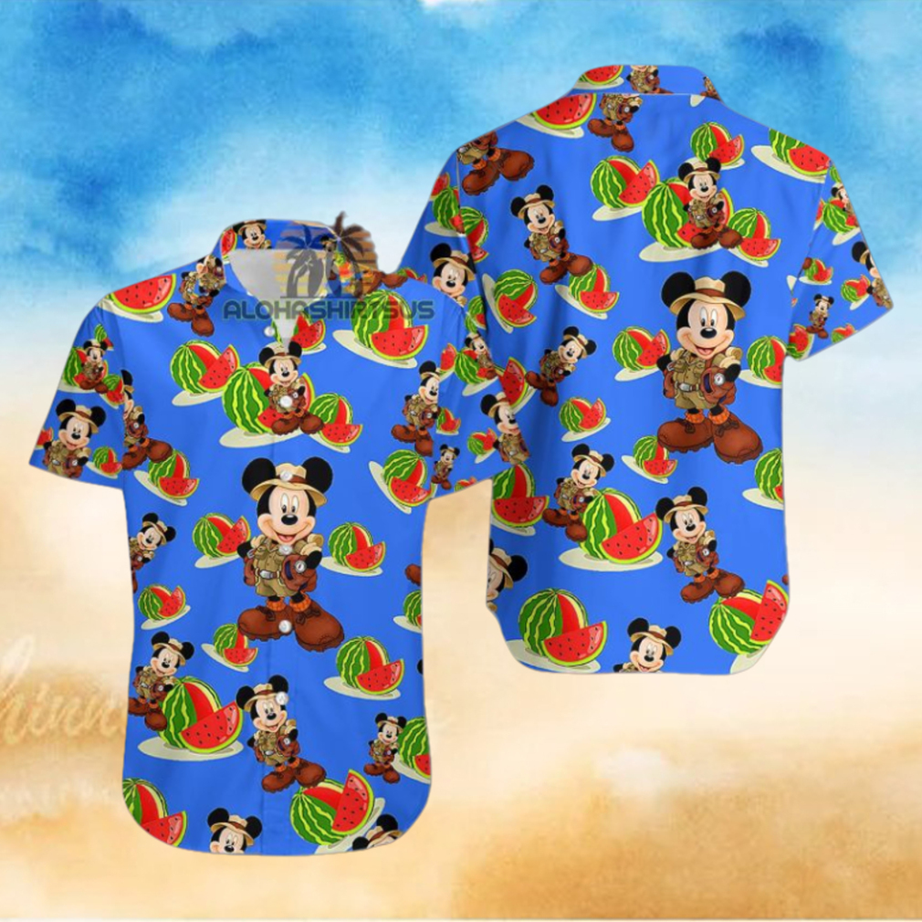 Mickey Mouse Explorer Watermelon Royal Blue Aloha Print Hawaiian Shirt