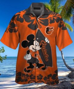 Mickey Mouse Graphic Baltimore Orioles Tropical Hibiscus Flower Hawaiian Shirt