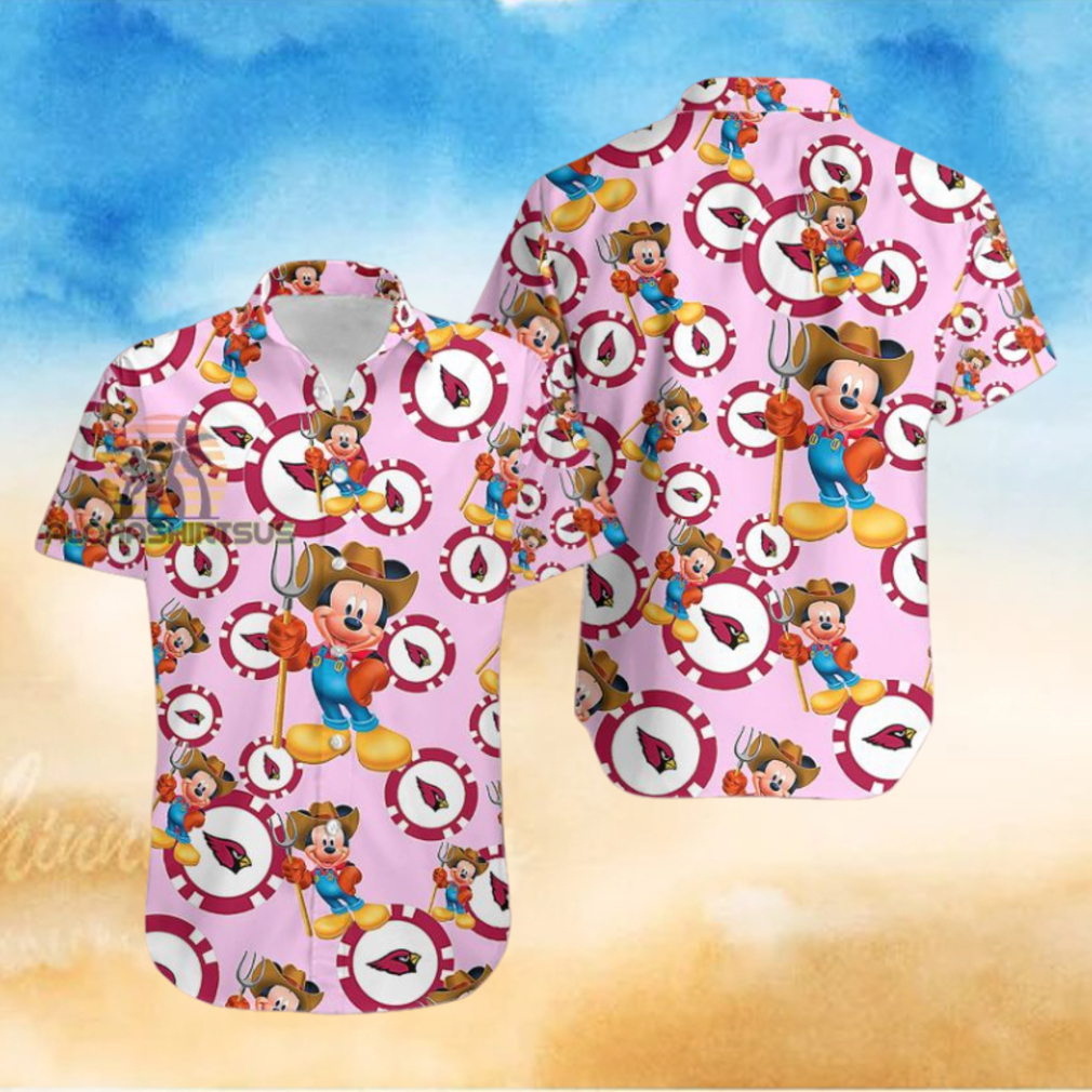 Mickey Mouse In Farm Arizona Cardinals Pink Slim Fit Hawaiian Shirt Mickey Mouse In Farm Arizona Cardinals Pink Slim Fit Hawaiian Shirt