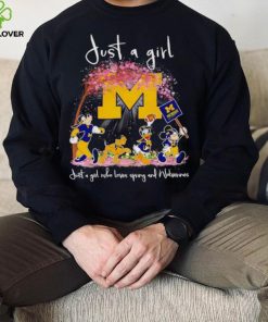 Mickey and friends just a girl who loves spring and Michigan Wolverines shirt