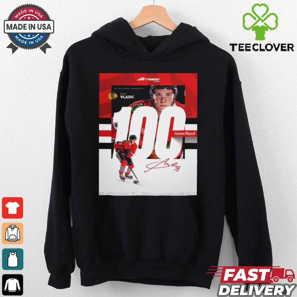 Milestone Moments Alex Vlasic Chicago Blackhawks 100 Game Played Signature Poster t shirt Milestone Moments Alex Vlasic Chicago Blackhawks 100 Game Played Signature Poster t shirt