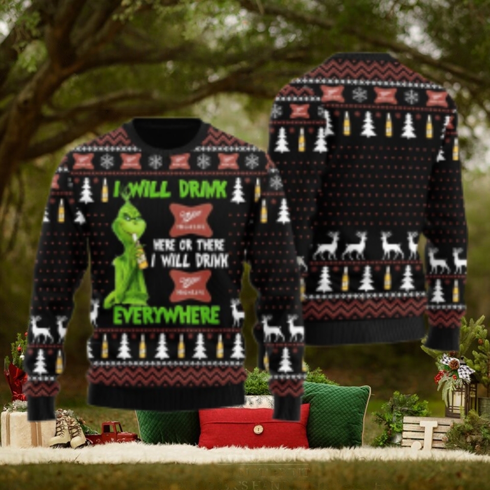 Miller High Life Grinch Will Drink Everywhere Ugly Sweater Miller High Life Grinch Will Drink Everywhere Ugly Sweater