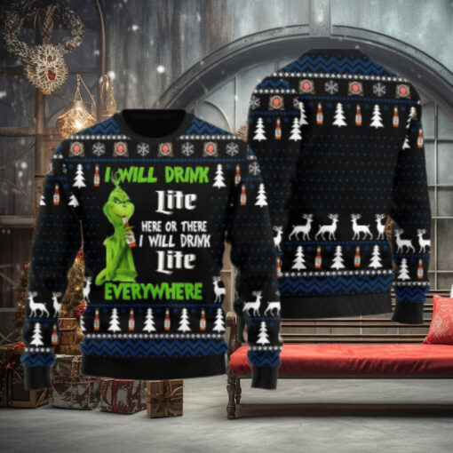 Miller Lite Grinch Will Drink Everywhere Ugly Sweater