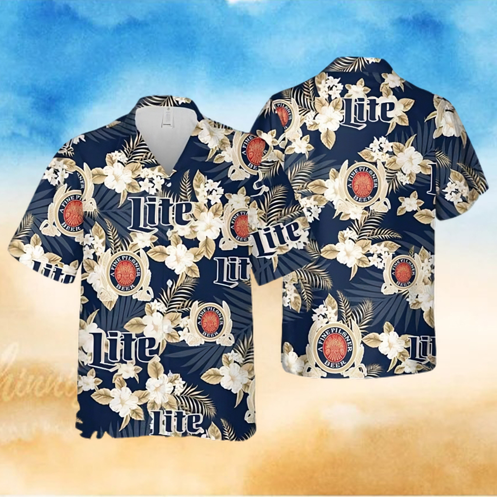 Miller Lite Hawaiian Shirt Tropical Flower Pattern