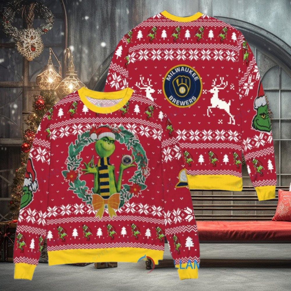 Milwaukee Brewers x Grinch Dr. Seuss How the Grinch Stole Christmas MLB with World Series Trophy Ugly Christmas Sweater Red Milwaukee Brewers x Grinch Dr. Seuss How the Grinch Stole Christmas MLB with World Series Trophy Ugly Christmas Sweater Red