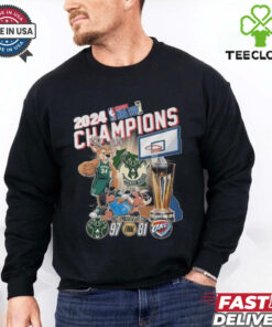 Milwaukee Bucks 2024 NBA Cup Champions Fan Celebration Mascot shirt featuring the team mascot and celebratory graphics.