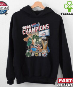 Milwaukee Bucks 2024 NBA Cup Champions Fan Celebration Mascot shirt featuring the team mascot and celebratory graphics.