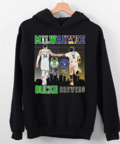 Milwaukee city skyline Antetokounmpo Milwaukee Bucks and Chourio Milwaukee Brewers signatures shirt