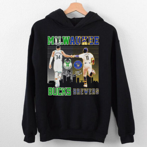 Milwaukee city skyline Antetokounmpo Milwaukee Bucks and Chourio Milwaukee Brewers signatures hoodie, sweater, longsleeve, shirt v-neck, t-shirt