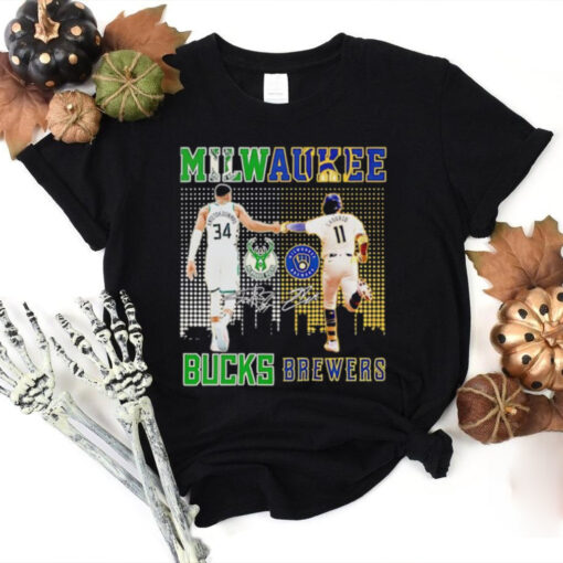 Milwaukee city skyline Antetokounmpo Milwaukee Bucks and Chourio Milwaukee Brewers signatures hoodie, sweater, longsleeve, shirt v-neck, t-shirt