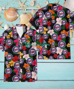 Minnesota Twins Pink Orange Yellow White Hibiscus Black Background 3D Hawaiian Shirt Gift For Fans