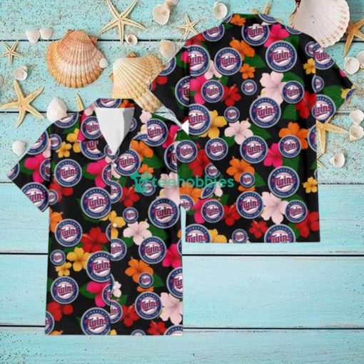 Minnesota Twins Pink Orange Yellow White Hibiscus Black Background 3D Hawaiian Shirt Gift For Fans