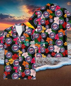 Minnesota Twins Pink Orange Yellow White Hibiscus Black Background 3D Hawaiian Shirt Gift For Fans