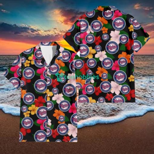 Minnesota Twins Pink Orange Yellow White Hibiscus Black Background 3D Hawaiian Shirt Gift For Fans