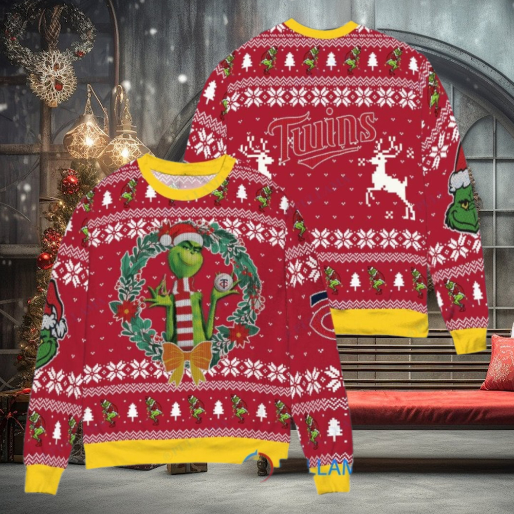 Minnesota Twins x Grinch Dr. Seuss How the Grinch Stole Christmas MLB with World Series Trophy Ugly Christmas Sweater Red Minnesota Twins x Grinch Dr. Seuss How the Grinch Stole Christmas MLB with World Series Trophy Ugly Christmas Sweater Red