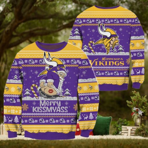 Minnesota Vikings NFL 2024 Merrykissmyass Funny Santa Claus Christmas Ugly Sweater