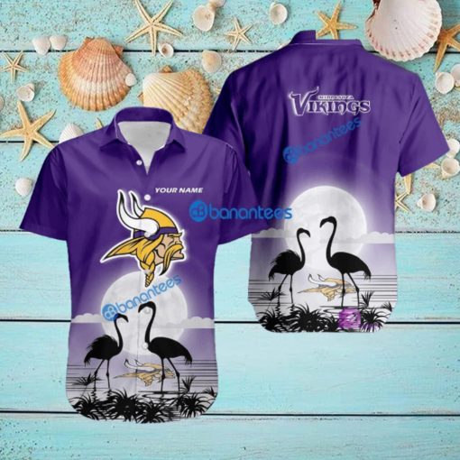 Minnesota Vikings Nfl Team With Flamingo Moon Pattern Button Down Hawaiian Shirt For Big Fans Custom Name