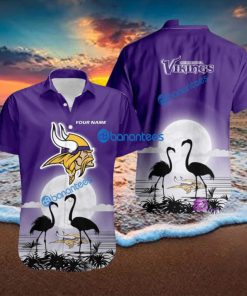 Minnesota Vikings Nfl Team With Flamingo Moon Pattern Button Down Hawaiian Shirt For Big Fans Custom Name