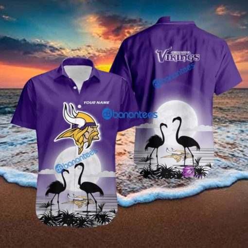 Minnesota Vikings Nfl Team With Flamingo Moon Pattern Button Down Hawaiian Shirt For Big Fans Custom Name