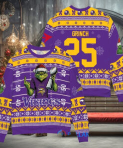 Minnesota Vikings x Grinch Christmas Dr. Seuss How the Grinch Stole Christmas with Super Bowl Trophy Custom Ugly Christmas Sweater