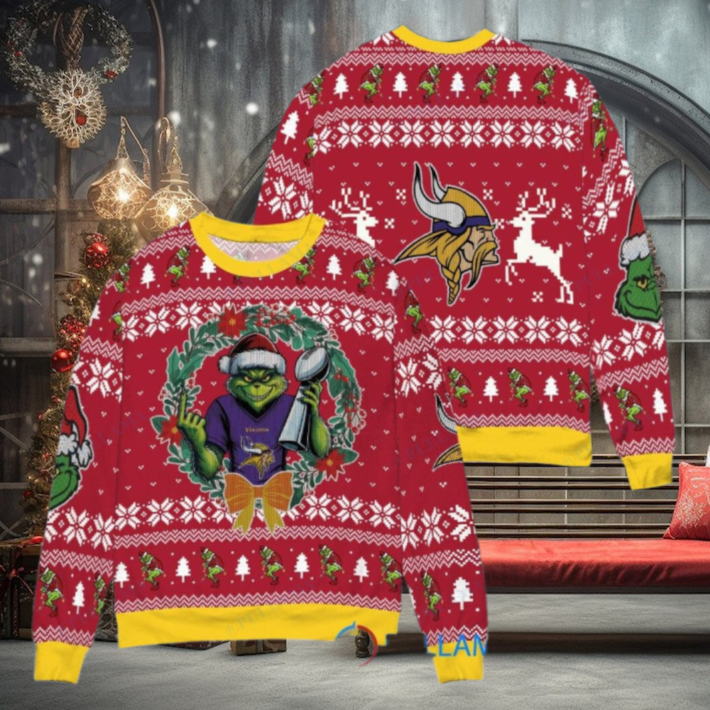 Minnesota Vikings x Grinch NFL Dr. Seuss How the Grinch Stole Christmas with Super Bowl Trophy Ugly Christmas Sweater Red Minnesota Vikings x Grinch NFL Dr. Seuss How the Grinch Stole Christmas with Super Bowl Trophy Ugly Christmas Sweater Red