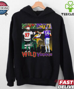Minnesota Wild Kirill Kaprizov and Vikings Sam Darnold Signatures T-shirt, featuring both players' signatures, unisex fit, Minnesota Wild and Minnesota Vikings fan gear, sports tribute shirt.
