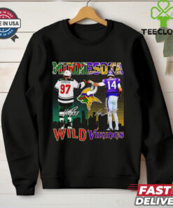 Minnesota Wild Kirill Kaprizov and Vikings Sam Darnold Signatures T-shirt, featuring both players' signatures, unisex fit, Minnesota Wild and Minnesota Vikings fan gear, sports tribute shirt.