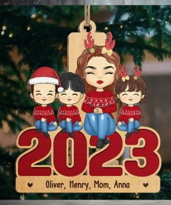 Mom And Kids Sitting Together 2023   Family Personalized Custom Ornament   Wood Unique Shaped   Christmas Gift For Family Members